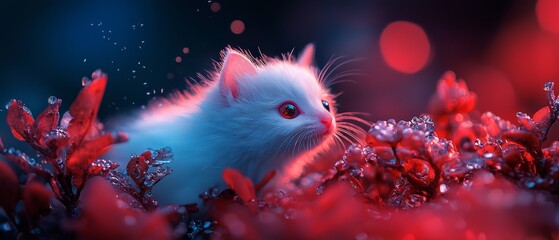  A white kitten with red eyes sits in a red-pink flower field against a black backdrop