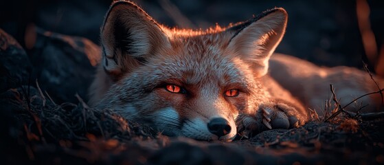 Wall Mural -  A close-up of a fox on the ground, head turned to the side, eyes wide and open