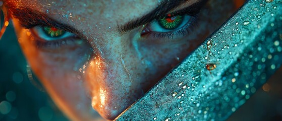 Poster -  A tight shot of a woman's face, tears forming in her eyes as a knife hovers near Water droplets cascade down her cheeks