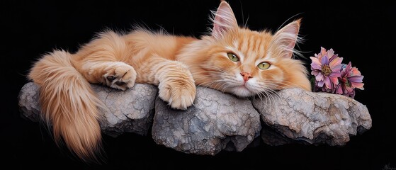  A cat tightly holding a flower in its mouth, positioned against a stark black backdrop, as seen in a close-up shot