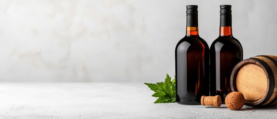 Sticker -  Two bottles of wine rest next to a barrel A single cork lies on a pristine white surface, while a green sprig of parsley adds color nearby