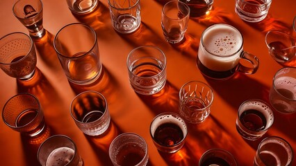 Wall Mural - Close up view of arranged empty glasses and mug of beer on orange background