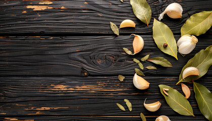 Wall Mural - Garlic cloves with bay leaves on dark wood texture. Space for text. Top view