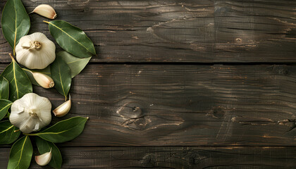 Wall Mural - Garlic cloves with bay leaves on dark wood texture. Space for text. Top view