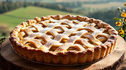 Wall Mural - Torta di mele with a lattice crust, garnished with a sprinkle of powdered sugar, on a wooden board with a countryside backdrop