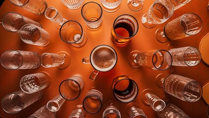 Wall Mural - Close up view of arranged empty glasses and mug of beer on orange background