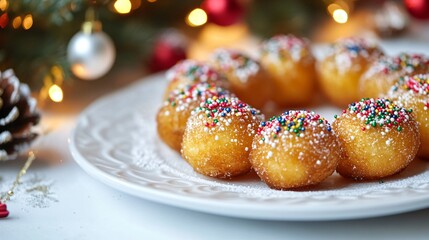 Traditional Italian struffoli with honey and sprinkles, arranged in a festive ring on a white plate with a holiday backdrop