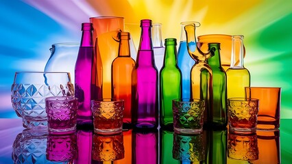 Wall Mural - Glass and bottles on bright and colorful background with copy space