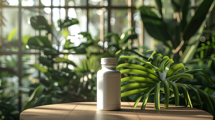 Wall Mural - A white bottle with a blank label sits on a wooden table with lush green plants in the background.