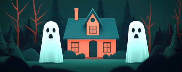 Spooky Encounter, two ghostly figures stand ominously near a brightly colored house surrounded by dark, sparse trees in an eerie forest setting.