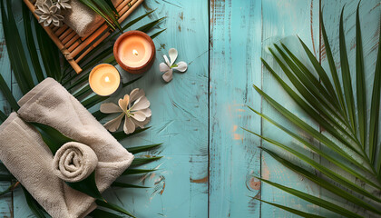 Wall Mural - Beautiful spa setting on palm leaf on wooden table