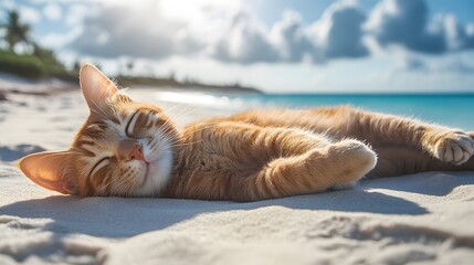 Cute Orange Cat Enjoying a Sunny Beach