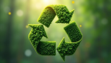 Illustration of a recycling symbol made of green foliage, set against a blurred forest background