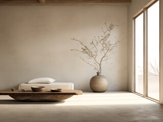 Wabi sabi and japandi japanese style rustic interior in in white and neutral with wood, pottery and texture elements