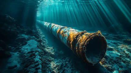 Damaged pipeline pipes on the ocean floor aftermath of a pipeline explosion