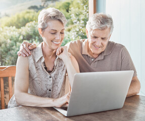 Sticker - Smile, laptop and mature couple on terrace with travel planning, online booking or email review. Computer, man and woman on patio for internet search for retirement holiday application on website