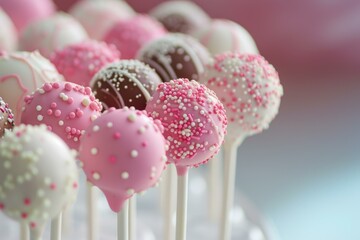 Wall Mural - Close-up of colorful sprinkled cake pops on sticks with soft focus background