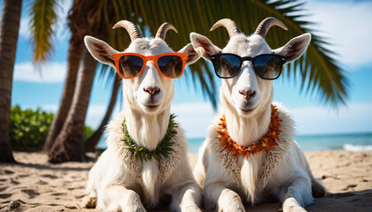 Two goats wearing sunglasses on the beach