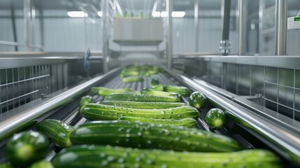 Wall Mural - A conveyor belt is filled with green pickles