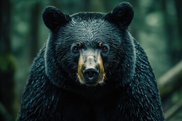 Large black bear standing in the rain forest