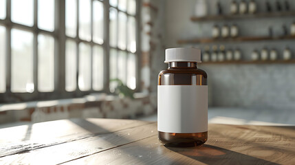 Wall Mural - A brown glass bottle with a white label sits on a wooden table in a bright, airy room.