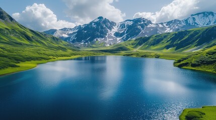 Wall Mural - Beautiful mountain lake reflecting majestic snow capped peaks on sunny day