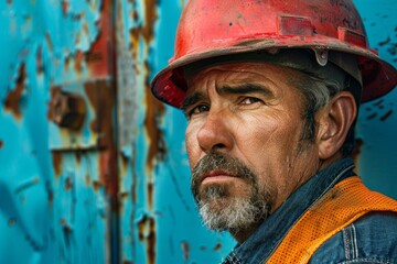 Portrait of a focused construction worker with a red helmet and orange vest