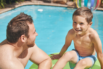 Poster - Holiday, father or happy child swimming in pool for bonding, vacation or weekend in summer. Tourism, floating or dad in water for exercise, fun trip or development for son, kid or boy in Australia