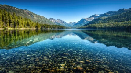 Crystal-clear lake reflecting surrounding mountains and forests, showcasing the purity of Earth's water bodies