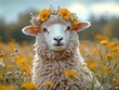 © Andrew - A fluffy sheep surrounded by colorful wildflowers, with a gentle expression and a small flower crown.