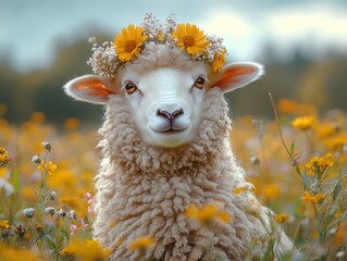 A fluffy sheep surrounded by colorful wildflowers, with a gentle expression and a small flower crown. 