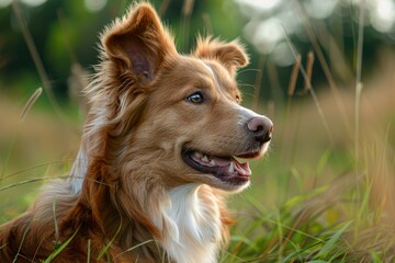 Sticker - Portrait of a smiling brown dog outdoors bathed in warm sunset light