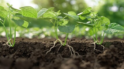 Wall Mural - Three plants with green leaves and white roots are growing in the dirt