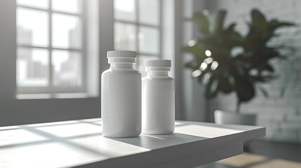 Wall Mural - Two white pill bottles sit on a table in a bright room, sunlight streaming through a window behind them.