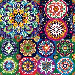 A vibrant and intricate collection of circular mandala designs in various bright colors, including yellow, red, green, blue, purple, and orange. Each mandala is unique, featuring symmetrical floral an