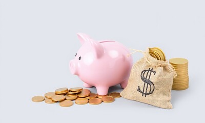 A pink piggy bank surrounded by stacks of golden coins, a small burlap sack with a dollar sign printed on it filled with coins