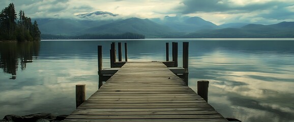 Wooden pier extending into still lake waters with mountains in the distance.