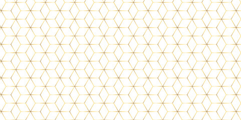 Abstract seamless pattern with square hexagon tile and cube grid mosaic honeycomb diamond triangle structure shape isometric gold line block wallpaper.	
