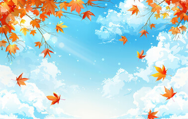 Wall Mural - Vector illustration of an autumn background with maple leaves and clouds. The branch is made up only by yellow, red and orange fall foliage on the blue sky background.