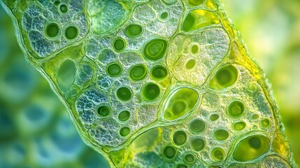 microscopic photography, section of stem tissue, visible vascular bundles, intricate cell details, chlorophyll-rich environment, natural green tones, scientific study