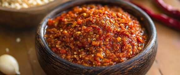 Close-up of spicy chili paste in a wooden bowl on a wooden table.