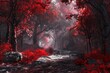 © anatolir - Mysterious forest scene with a mystical red foliage and a stone path under a twilight canopy
