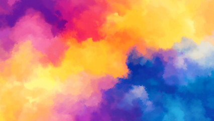 Wall Mural - An abstract watercolor background with vibrant colors and soft clouds, in shades of yellow, orange, purple, and blue.