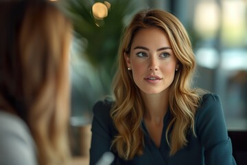 Two Attractive Female Colleagues Sharing Insights in a Stylish and Modern Boardroom