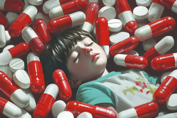 A boy is surrounded by a pile of pills