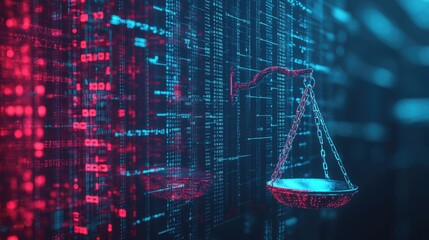 A stylized digital scale of justice with a glowing red and blue color scheme on a dark background.