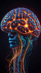 Poster - Conceptual 3D Illustration of Artificial Intelligence with Glowing Digital Brain and Data Streams