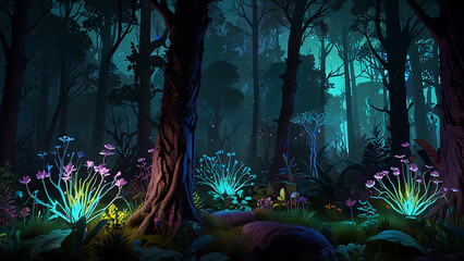 Poster - Digital Flora and Fauna with Glowing Leaves and Bioluminescent Creatures