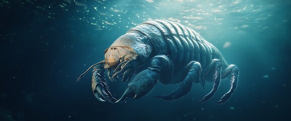 A large, segmented crustacean with a spiky, armored exoskeleton swims in the deep blue ocean.