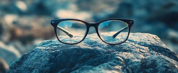 Canvas Print - A pair of eyeglasses rests on a rock, with a blurred background.